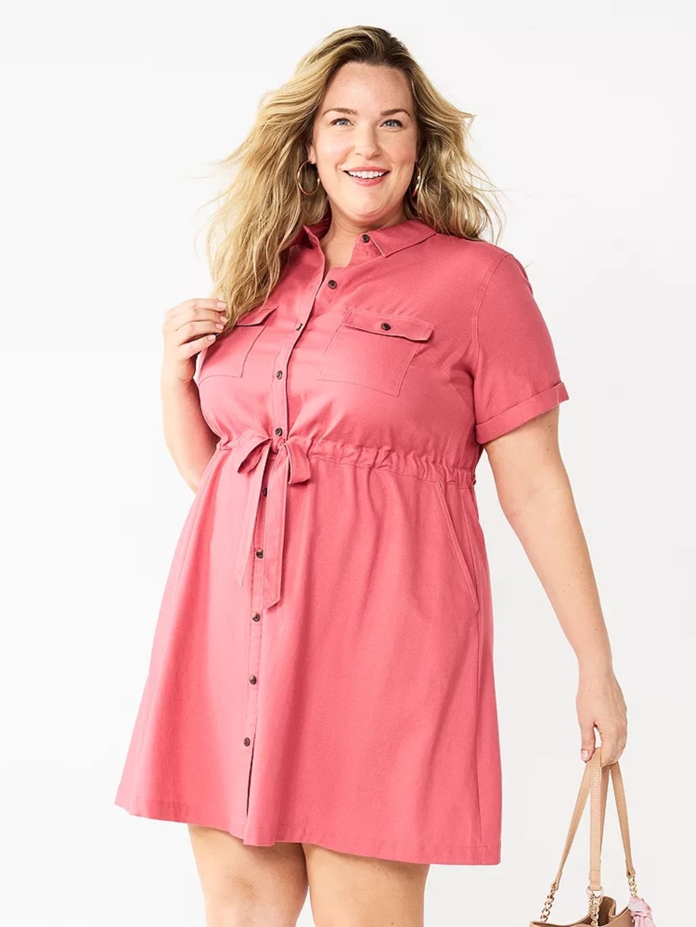 croft & barrow Coral Tie-Waist Shirt Mini Dress